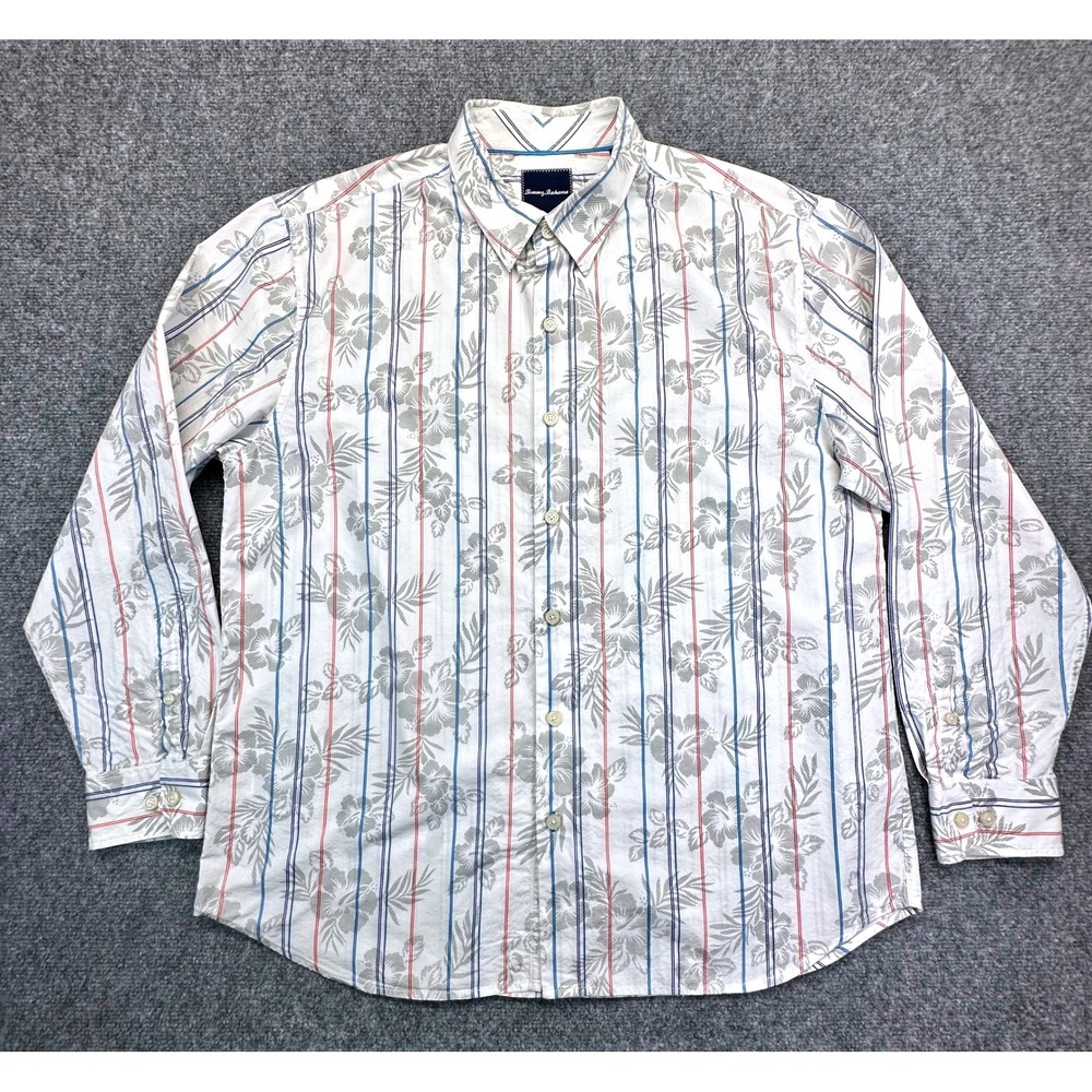 Tommy Bahama Button Down Mens XL White Floral Striped‎ Silk Blend T316460